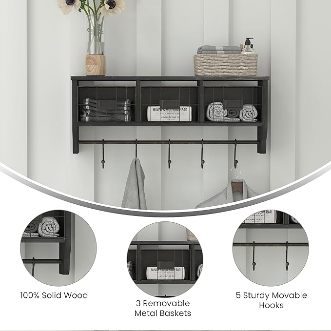 Flash Furniture Daly Wall Mounted Storage Rack - Blackwashed Solid Pine Wood - 24 Inch - Upper Shelf - 5 Hooks - Wire Baskets - For Entryway, Kitchen, Bathroom