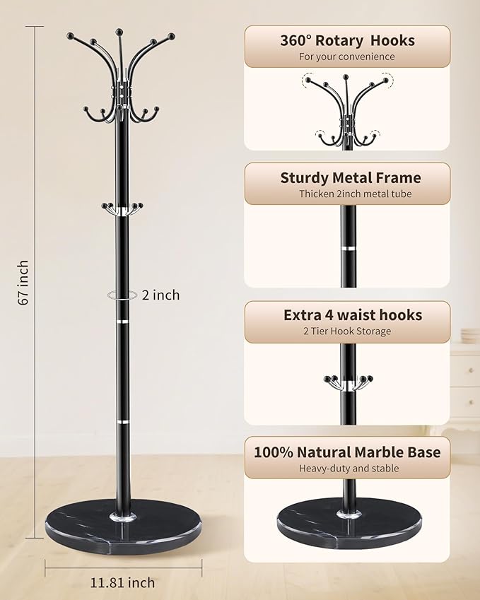 Metal Coat Rack with Natural Marble Base,360°Rotary Coat Rack Stand with 14 Hooks,Modern Freestanging Coat Racks, Black Coat Jacket Hanger Clothes Tree Stand for Entryway,Corner