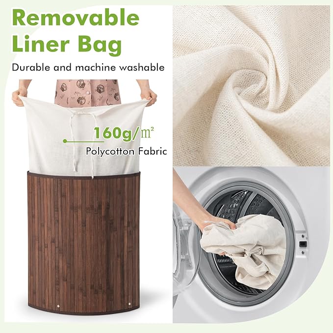 Giantex Corner Laundry Hamper with Lid, 58 L Bamboo Laundry Basket with Removable Liner & Handle, Triangle Clothes Hamper for Small Spaces, Bedroom, Bathroom, Laundry & Living Room (Brown)
