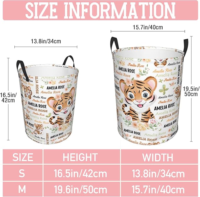 Tiger Laundry Basket,Personalized Laundry Hamper for Boys Girls,Custom Laundry Basket With Name, Customized Dirty Clothes Hamper for Bathroom Bedrooms,S-16.5"X 13.8"