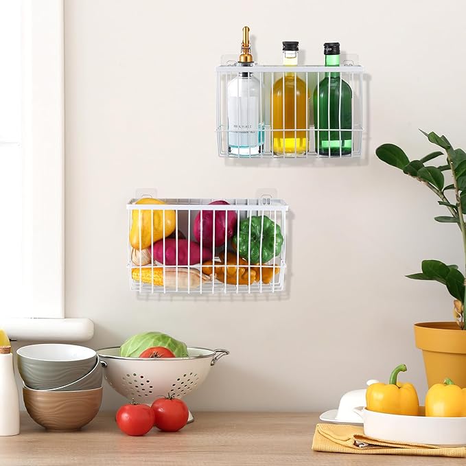 Menkxi 3 Pcs Magnetic or Adhesive Refrigerator Organizer Magnetic Baskets Kitchen Holder for Refrigerator Metal Shelf Rack Storage with 2 Types of Installation(White)