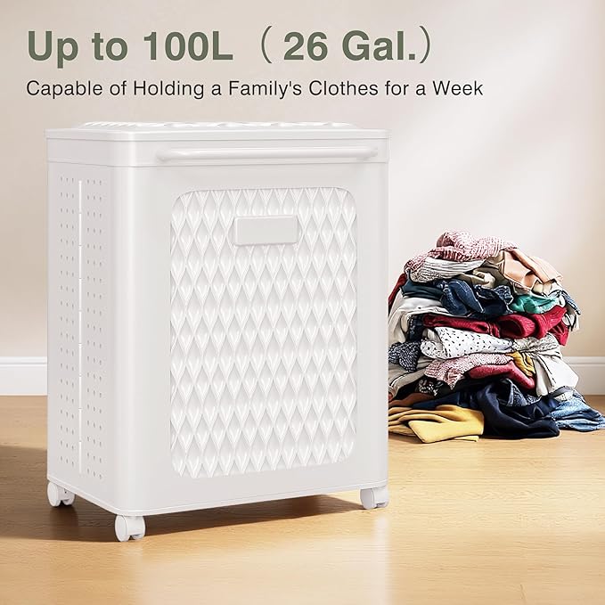 VECELO Rolling Laundry Hamper with Wheels and Lid, Foldable Plastic Laundry Basket with Handle, Rolling Divided Laundry Cart for Small Spaces, Laundry, Bathroom, Bedroom, White