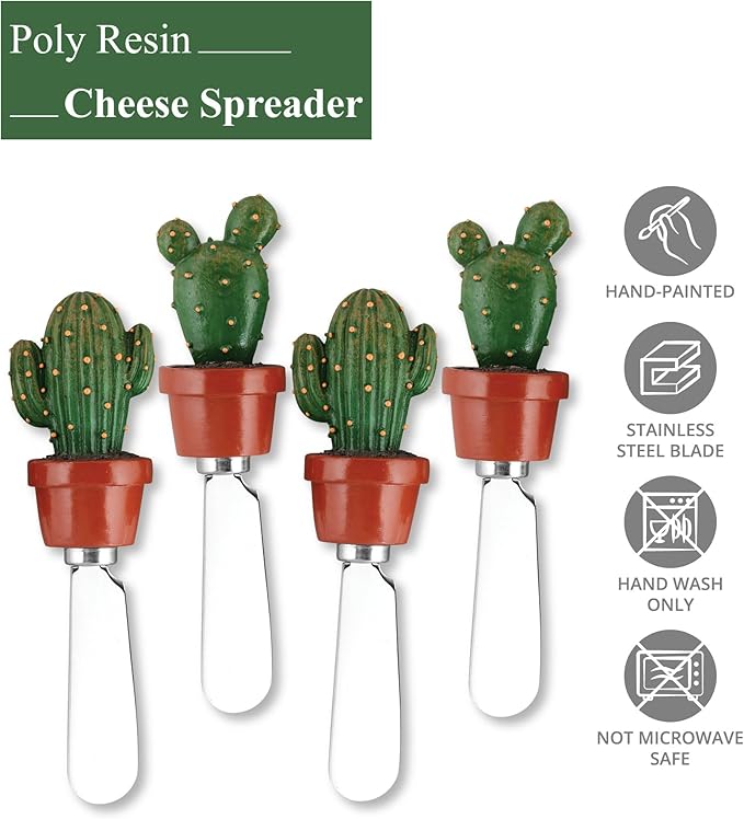 Supreme Housewares Cactus Pot Cheese Spreaders, Hand-Painted Resin Handles with Stainless Steel Blades for Spreading Cream Cheese, Butter, and Jam, Assorted Designs, Set of 4