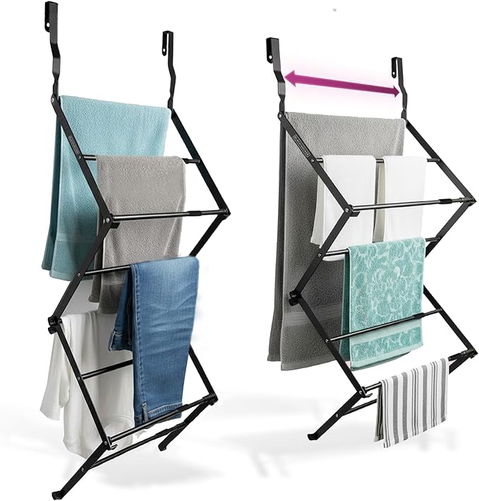 BLACK+DECKER Over The Door Expandable Telescopic Drying Rack, Clothes Organizer, Towel Hanger, Laundry, Collapsible, Black