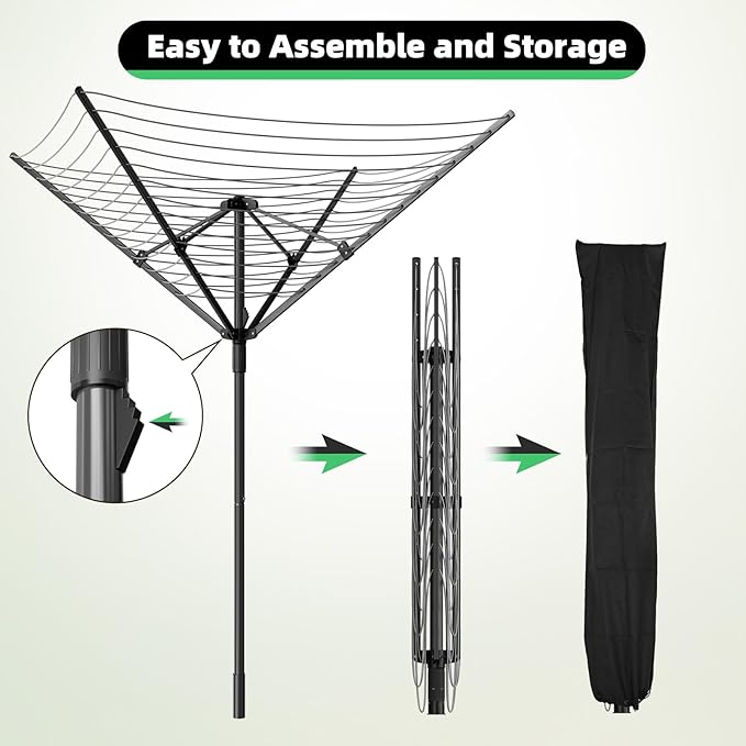 BAKON Outdoor Umbrella Clothes Drying Rack, Steel Four Arm Outdoor Clothes Drying Rack, 13 Rows of Clothes line Outdoors, Height Adjustable, Includes 40 Clothespins and Dust Cover.