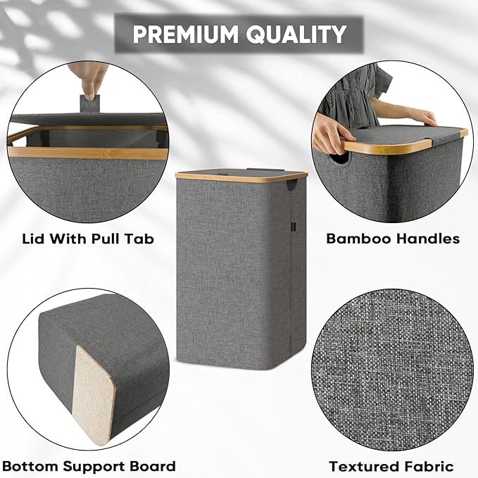 BALEINE Laundry Hamper with Lid, Tall Laundry Baskets with Bamboo Pull Handles, Large Laundry Bin with Internal Support (26 Gal/100L, Green)