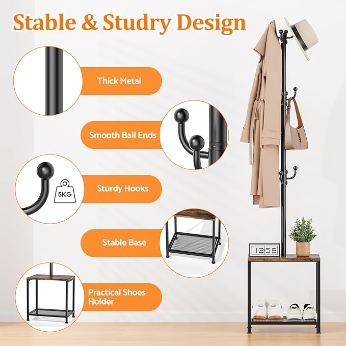 Coat Rack Freestanding, Hat Rack Hall Tree with Bench and Shoe Storage, 3-in-1 Coat Hanger Purse Rack Bag Rack Coat Tree Clothes Tree, Vintage Entryway Corner Coat Rack with Shoe Storage