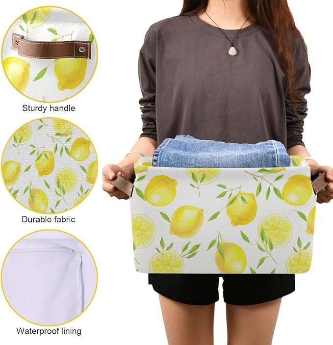 Fresh Lemons Pattern Rectangle Storage Bin, 15 x 11 x 9.5 in, Collapsible Organizer Storage Basket for Home Décor，2PACK