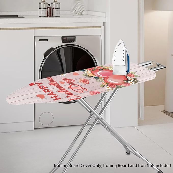 Love Heart Ironing Board Cover Floral Heavy Duty Iron Pad Covers Romantic Standard Boards Full Size Scorch Resistant, Wood Print, Valentines Day Decoration