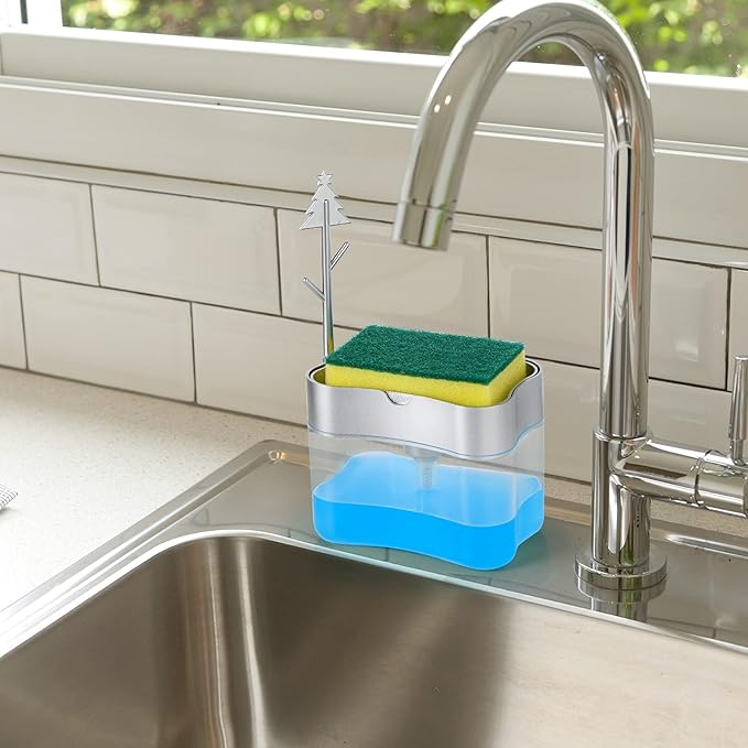 Premium Quality Soap Dispenser with Added Features for Kitchen - Sponge Holder Sink Dish Washing Soap Dispenser 13 Ounces Silver