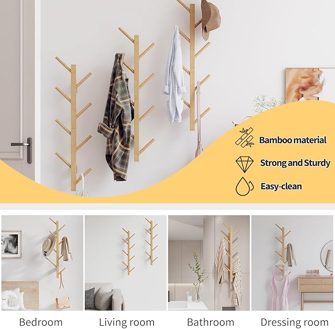 Coat Rack Wall Mount,Bamboo Vertical Hat Rack for Wall,Wall Coat Tree,Coat Hanger,Floating Coat Rack for Hats,Jackets,Bags,Entryway Bedroom (Natural)