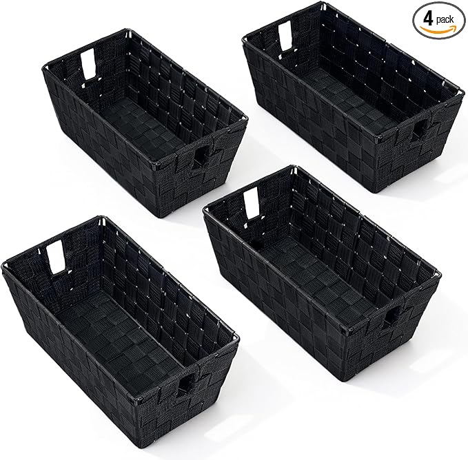 homyfort Black Storage Baskets for Shelves, Woven Shelf Baskets for Organizing, Small Strap Organizer Basket for Bathroom Storage, Set of 4