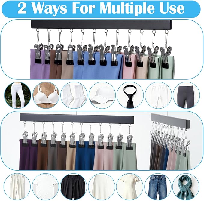 Legging Organizer for Closet 4 Pack, Pants Leggings Hangers with 12 Clips, Holds 48 Pants, Jeans, Hats, Shorts, Socks, 360° Rotating Space Saving Hanging Clothes Organizer for Closet Storage