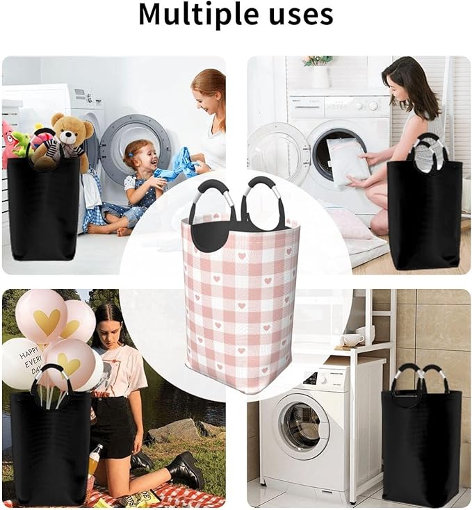 Cute Heart Laundry Basket Pink Buffalo Plaid Foldable Laundry Hamper Checkered Collapsible Laundry Baskets with Handles Clothes Hamper Laundry Tote Bag for Dorm Family Storage Bin 50L