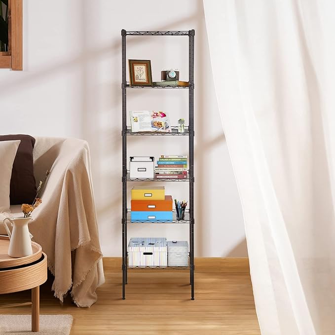 6-Tier Metal Shelving Unit, Adjustable Wire Shelf Storage Rack for Pantry, Closet, Kitchen, Bathroom, Laundry Room – Heavy Duty Storage Shelves Organizer, Narrow Space-Saving Standing Shelf (Black)