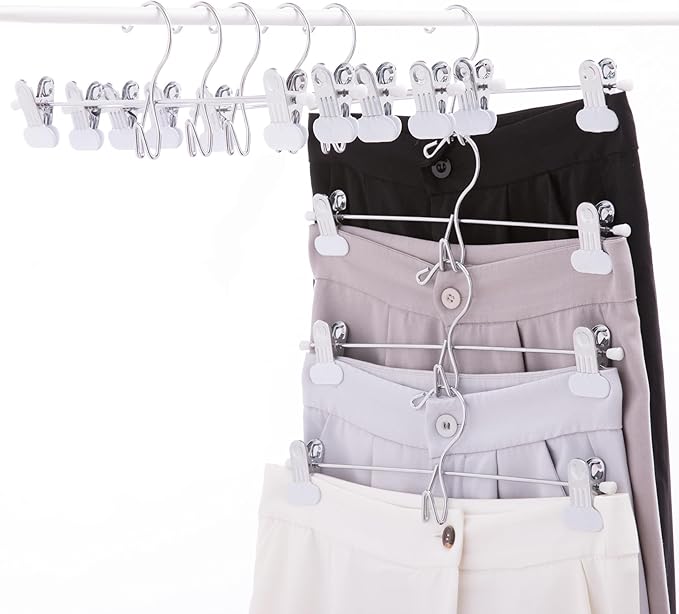 13 Inch White Heavy Duty Add-on Stackable Metal Hanger for Trousers Pants Skirt with Extra Strong Clips Pack of 20