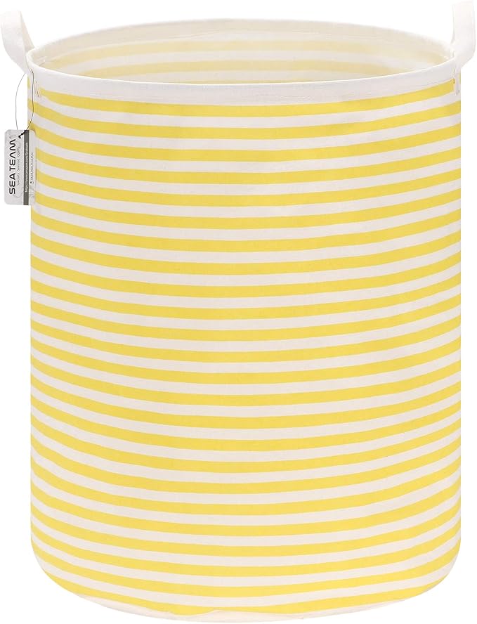 Sea Team 19.7 Inches Large Sized Waterproof Coating Ramie Cotton Fabric Folding Laundry Hamper Bucket Cylindric Burlap Canvas Storage Basket (19.7", Stripe/Yellow)