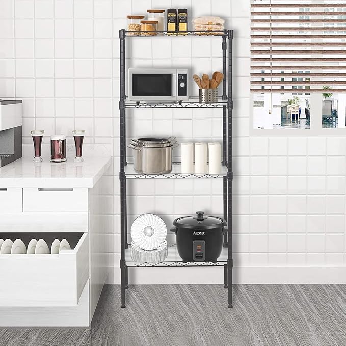FDW 18L x 12W x 44H Wire Shelves Metal Shelf with 4 PP Sheets Storage Shelves 4 Tier Layer Storage Shelves for Laundry Bathroom Kitchen Garage,Black