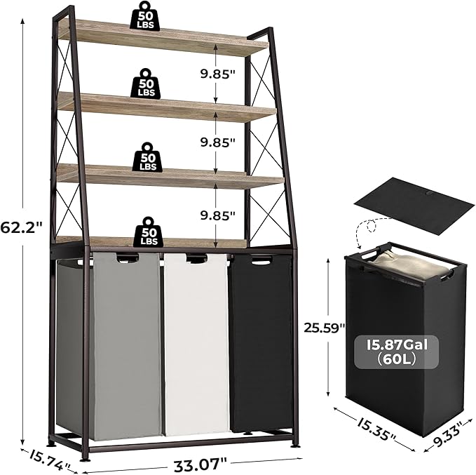 Laundry Basket, 3 Section Laundry Hamper with 4 Tiers Shelf, Pull-Out and Removable Laundry Bags, Large 3 x 15.87 Gallons, for Laundry Room Bathroom Greige PF05XLZ
