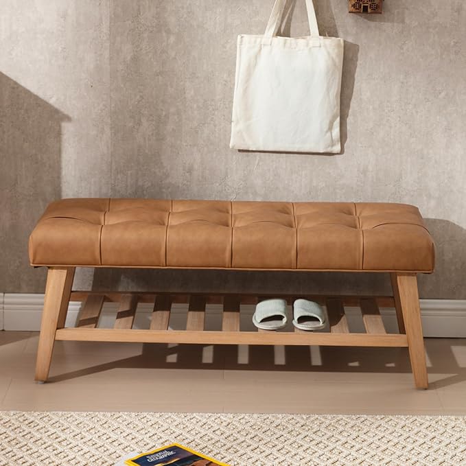 Entryway Shoe Bench Storage Benches with Upholstered Button Tufted Seat and Open Slatted Shelf PU Leather Ottoman Bench for Hallway Living Room Bedroom End of Bed, Brown