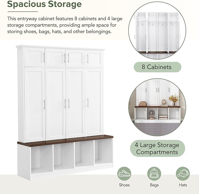 Multi-Functional Hall Tree with 4 Hidden Hanging Hooks, Brown Wood Grain Bench with Multiple Storage Space, Entryway Cabinet with Open Compartments for Living Room, Hallway (White-15.6)