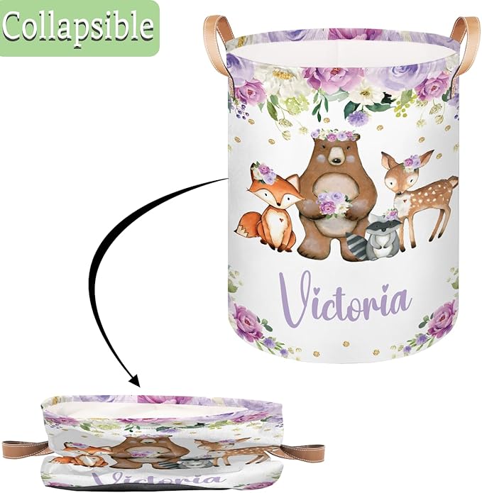 Personalized Laundry Basket, Custom Gift Laundry Hamper, Collapsible Nursery Waterproof Laundry Baskets, Dirty Clothes Toy Hamper with Handles Purple Floral Animals Cute