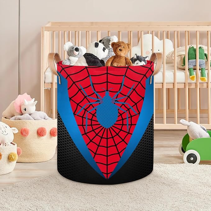 Red Spider Web Large Laundry Hamper Basket, Round Collapsible Storage Organizer Bin for Kids, Boys, Nursery, Closet, Bedroom, Playroom, Toys, Dirty Clothes, 16"W x 20"H