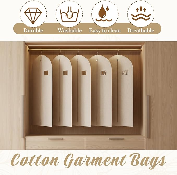 5 Pack Plastic Garment Bags for Hanging Clothes, 24 x 40 Inch Breathable Canvas Suit Bags Linen Hanging Suit Cover for Closet Storage Short Dresses Suits Gowns Travel Garment Cover