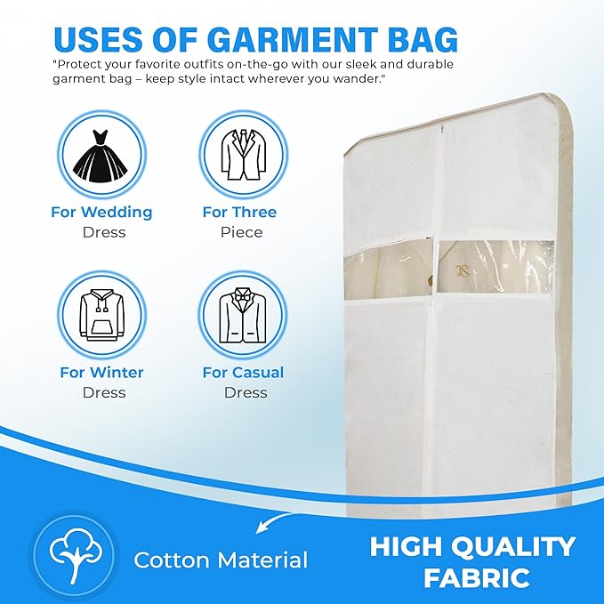Beige Cotton Garment Protector Bag Cover - Dust Free Cloth Hanging, Wardrobe storage for Dresses and Suits (Clear Window (24" x 62"))
