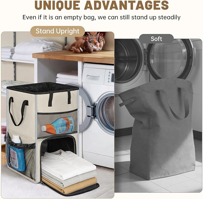 95L Laundry Backpack Bag with 3 Sizes Mesh Wash Bags Empty, Extra Large 2 in 1 Laundry Hamper Basket with Shoulder Straps, Freestanding Laundry Bag for College Dorm, Laundromat, Apartment (Beige)