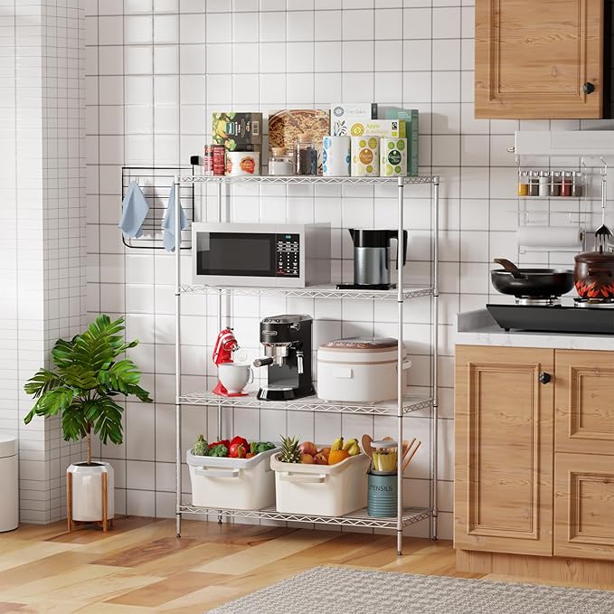 4-Tier Adjustable Metal Shelving Unit, Heavy Duty Garage Storage Rack, Wire Shelves & Closet Organizers, Utility Shelf for Kitchen, Pantry, Garage – Chrome, 53.7" W x 13.4" D x 35" H, 800 lbs