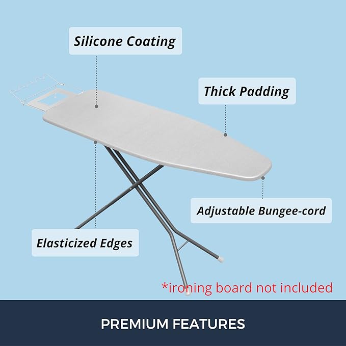 SAVUK Ironing Board Cover and Pad Standard Size Silicone Coated 4 Layers 18"x53" inch Extra Heavy Duty Thick Padding, Heat Reflective, Non Stick Scorch and Stain Resistant (Silver, 18" X 53")