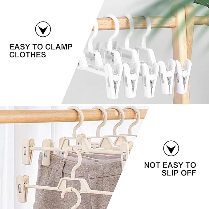 Plastic Pant Hangers with Clips, 10 Pcs Pants Hangers with 360°Rotating & Adjustable Clips, Stackable Clothes Hanger for Skirt, Closet Organizer and Storage | Space Saving (White)