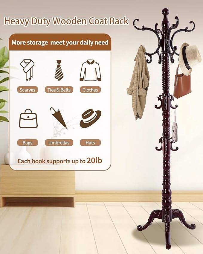 Wooden Coat Rack Freestanding, Solid Wood Coat Rack Stand with 14 Hooks, Vintage Heavy Duty Coat Racks,Standing Coat Jacket Hanger Tree Stand for Corner, Office, Entryway