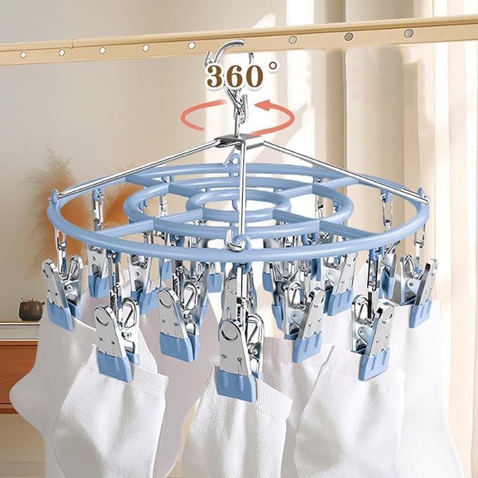 Drying Rack for Sock, Stainless Steel Sock Drying Rack with 24 Clips, Swivel Hook Windproof Hanger for Sock, Bras, Towel, Underwear, Laundry, Hat, Scarf, Pants, Gloves (Blue)