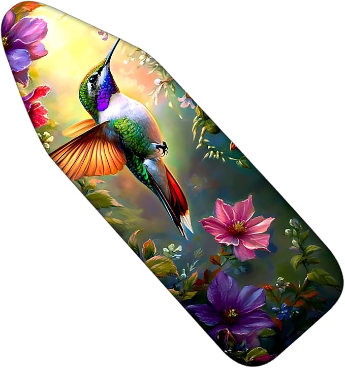 Nuxovilar Ironing Board Cover with Hummingbird and Colorful Flowers Pattern, 15x54 Inches Polyester - Ironing Board Cover and Pad for Garden - Themed Room, Sunroom, Craft Studio