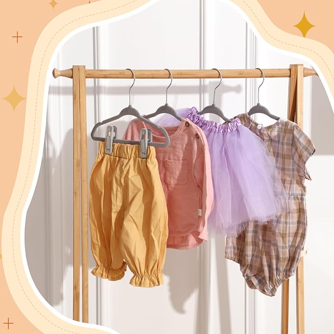 Soaoo 40 Pcs Baby Velvet Clips with 20 Baby Velvet Hangers, Pants Hangers Strong Finger Clips, Non Slip Kids Hanger for Kids, Toddler, Children's Closet & Nursery Closet (Grey)