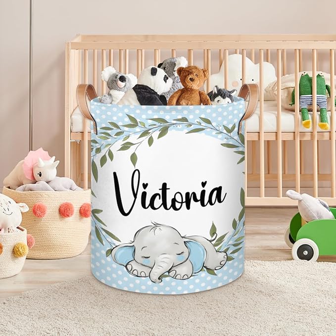 Personalized Laundry Basket, Custom Gift Laundry Hamper, Collapsible Nursery Waterproof Laundry Baskets, Dirty Clothes Toy Hamper with Handles Greenery Wreath Blue Elephant