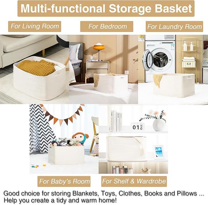 Large Rectangle Blanket Basket, Large Storage Basket, Cotton Rope Woven Baskets for Storage with Handles, Toy Baskets for Baby Nursery Living Room Bedroom, 22”x17”x12”, White, 75L