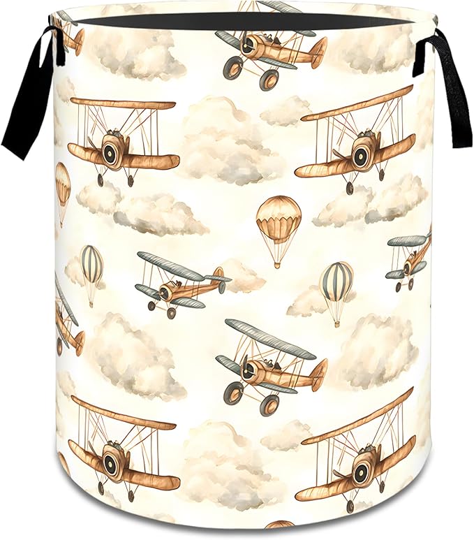 Vintage Airplane Laundry Basket,Dirty Clothes Hamper,Retro Plane and Cloud Storage Bin,Aviation Lovers Gifts,Waterproof Oxford Cloth Baskets for Bathroom,Bedroom,Home Decoration(19.7" x 15.8")