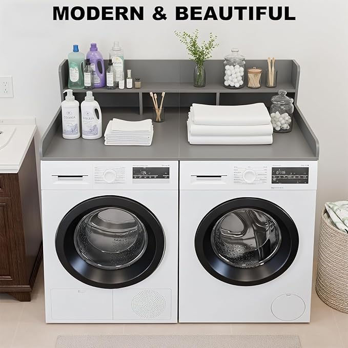 Washer Dryer Countertop with Shelf, 2-Tier Laundry Countertop Over Washer and Dryer, 54" x 27.55" Wooden Table for Folding Clothes for Laundry Room Organization and Storage (Gray)