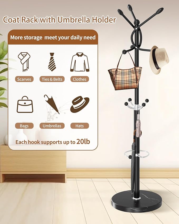 Metal Coat Rack with Natural Marble Base, Coat Rack Stand with 12 Hooks & Umbrella Holder, Black Modern Freestanging Coat Racks, Coat Jacket Hanger Tree Stand for Corner Entryway Office