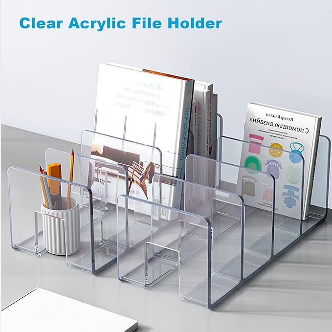 Marte Vanci Clear Acrylic File Sorter, Sturdy Desk File Organizer Shelf Book Holder Purse Handbag Clutch Divider File Folder Rack for Letter Cookbooks Home Office Kitchen Supplies 4 Sections (2 Pcs)