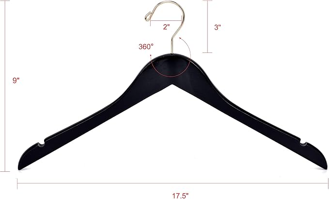Quality Black Semi Curved Wooden Suit Hangers, 20-Pack Smooth Finish Solid Wood Coat Hanger with Swivel Hook, Jacket, Pant, Dress Clothes Hangers (Black - Gold Hook, 20)