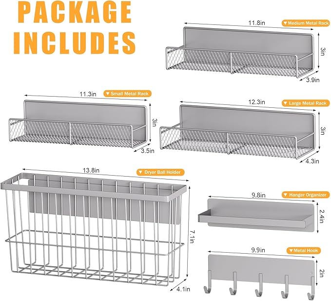 Laundry Organizer with Hanger 6-Pack, Magnetic Shelves for Washing Machine, Magnetic Refrigerator Shelves, Magnet Holder & Baskets, Metal Storage System for Laundry Room, Grey