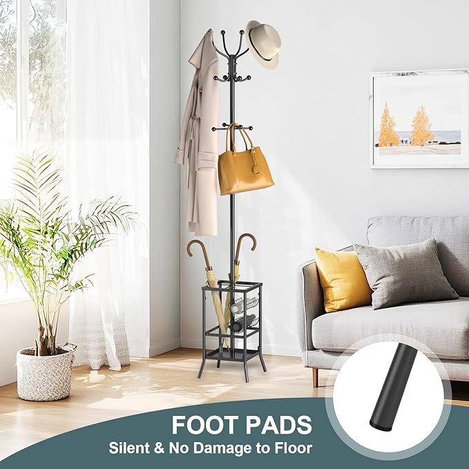 Chiozza Coat Rack Freestanding, Metal Coat Tree with Umbrella Holder, Coat Hanger Stand with 12 Hooks, Standing Coat Rack Stand for Entryway Living Room Bedroom Office