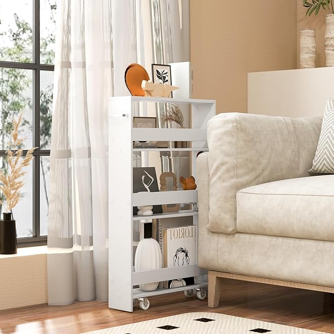 4-Tier Slim Rolling Storage Cart, Wooden Kitchen Utility Cart with Wheels & Handle, Space Saving Trolley, Slide Out Shelving Unit for Narrow Spaces, Laundry, Bathroom (White)