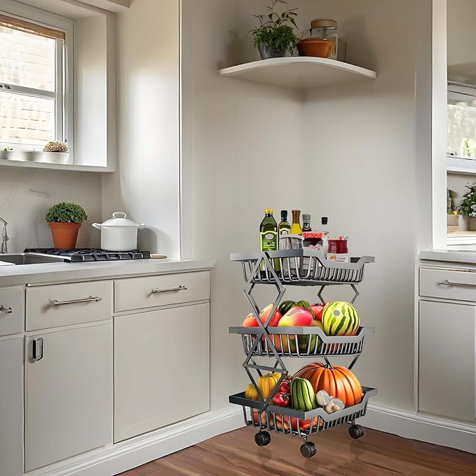 Rolling Kitchen Cart Utility Storage Stand with Wheels for Bathroom Laundry Room, Toilet, Snack & Fruit Basket for Small Spaces Organizers, Shelf 3 Tiers