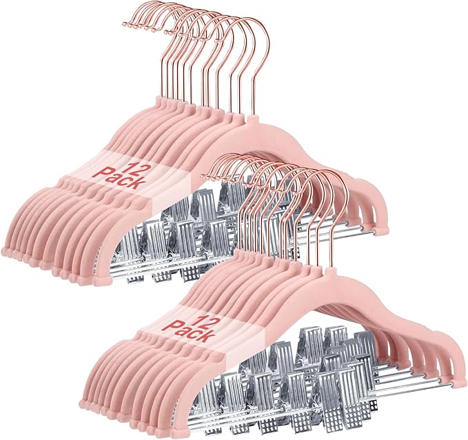 Baby Hangers with Clips, 24 Packs Kids Velvet Clothes Hangers, Heavy-Duty Childrens Pant Hangers for Shirts, Pants, Skirts, Dresses, Jackets, Coat Pink - Rose Gold Hook