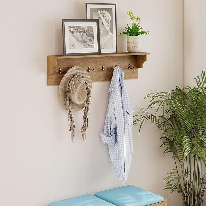 Giantex Coat Rack Wall Mount, 31.5" Wooden Coat Hooks with Shelf, Wall Clothes Rack w/ 6 Dual Hooks for Hats Towels Purses Robes, Floating Display Shelf for Living Room Bedroom Entryway, Natural